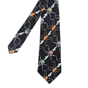 Vtg Nicole Miller Mens Slim Tie 1995 Silk Football Black HandSewn 54x2.75” Korea